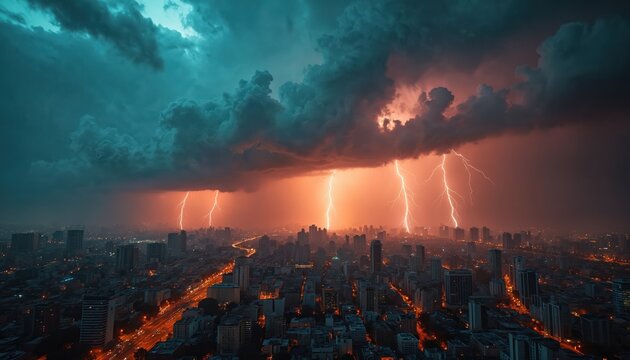 Dramatic cityscape under stormy sky with multiple lightning strikes illuminating buildings and clouds. Orange and teal light paints urban scene at dusk or night, highlighting city lights and power.