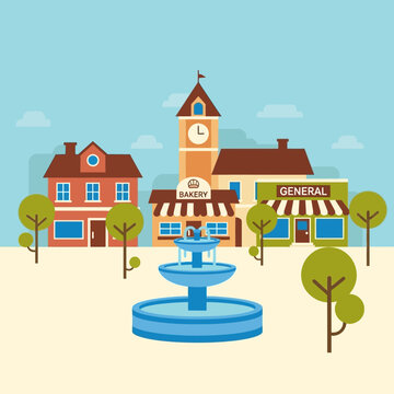 A flat design vector illustration of a small town square with a fountain, clock tower, bakery, and general store.