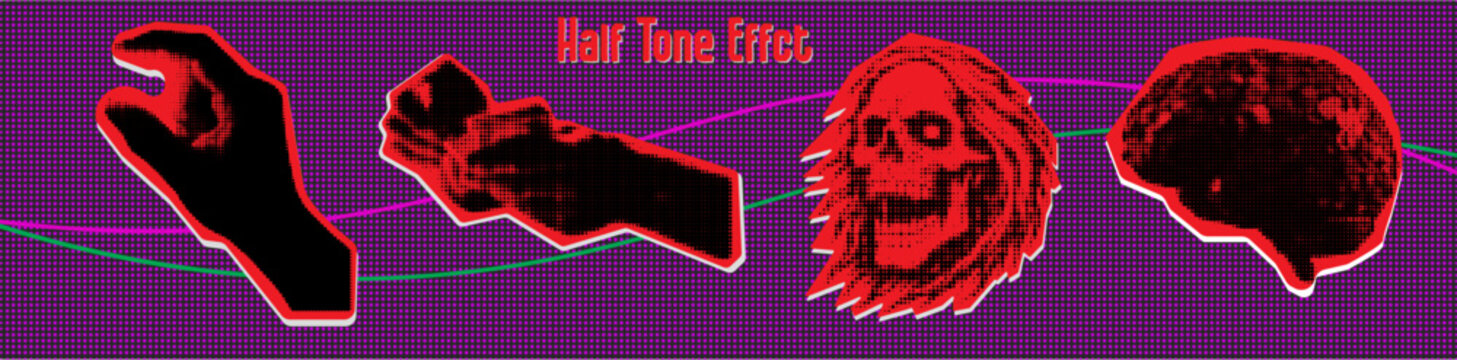 Retro Halftone Horror Illustration Set, Skull, Hand & Brain Vector Art
