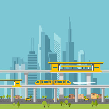 Flat design vector illustration of a modern city with a futuristic monorail train system and skyscrapers.