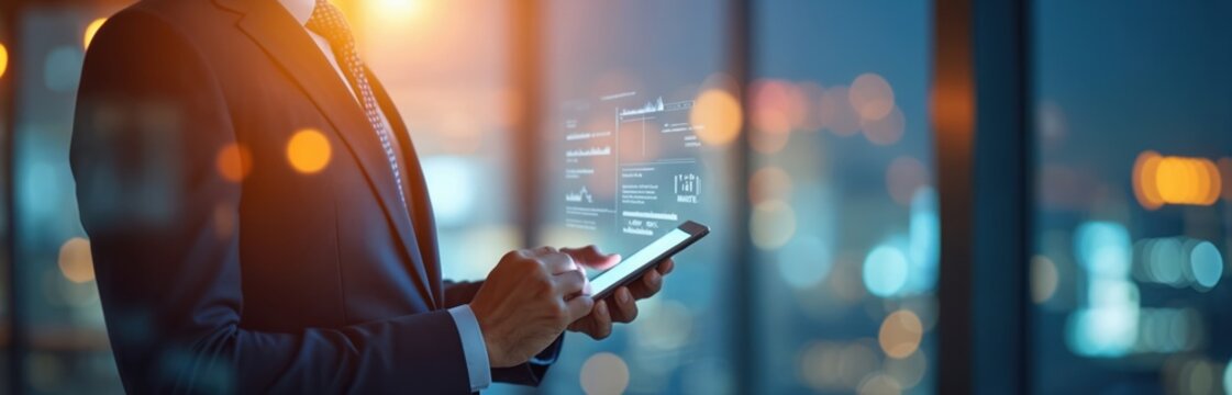 Businessman in suit works with tablet computer in office. A man holds a digital device looking at business data. Modern tech concept finance. Blue tones business concept.