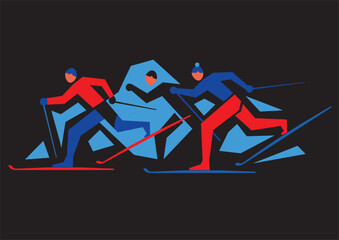 Cross Country Skiers,competition. Illustration of three cross-country ski competitors on black backgground. Vector available.