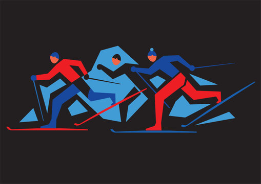 Cross Country Skiers,competition. Illustration of three cross-country ski competitors on black backgground. Vector available.