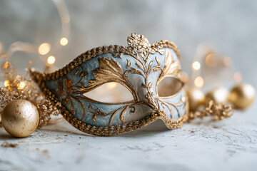 Decorative mask featuring intricate designs and golden accents, surrounded by festive ornaments and soft lights, creating a joyful ambiance