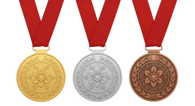 Set of gold, silver, and bronze medals with red ribbons, representing achievement and success