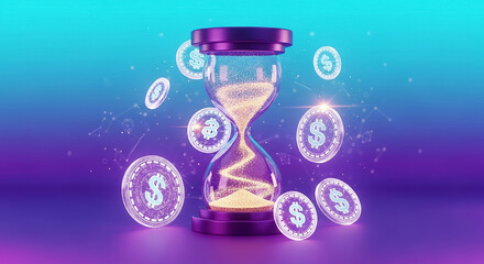 Hourglass with sand flowing, dollar coins, time and money concept
