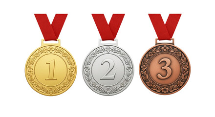 Collection of gold, silver, and bronze winner medals with red ribbons. First, second, and third place awards for a sports competition or achievement