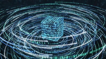 Abstract data cube illuminated with binary code representing digital information and technology - Powered by Adobe
