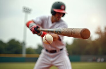 Baseball player hits ball with bat in outdoor stadium. Young male athlete wears uniform, helmet, batting gloves for competition practice. Man swings for strike, focusing on strength, power. Dynamic