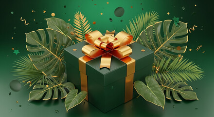 Green gift box with gold ribbon and tropical leaves