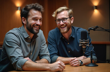 Two men smile talking into microphones in studio. Friends record podcast session, laughing together creating content. Creative professionals bond, sharing ideas, enjoying fun conversation.