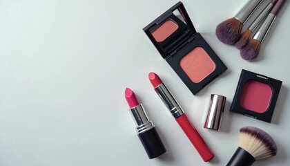 Collection of makeup items including lipsticks, blush, eyeshadow, and brushes. Pro beauty products arranged on light surface. Cosmetic tools and color cosmetics create glamourous composition for face.