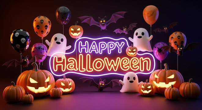 Happy halloween glowing neon sign with pumpkins ghosts bats