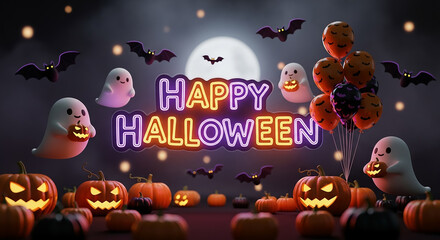Happy halloween glowing lettering among pumpkins ghosts bats
