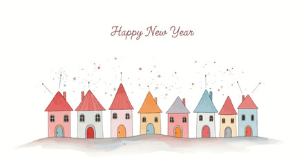 Watercolor New Year Village Festive Houses & Sparkles on White