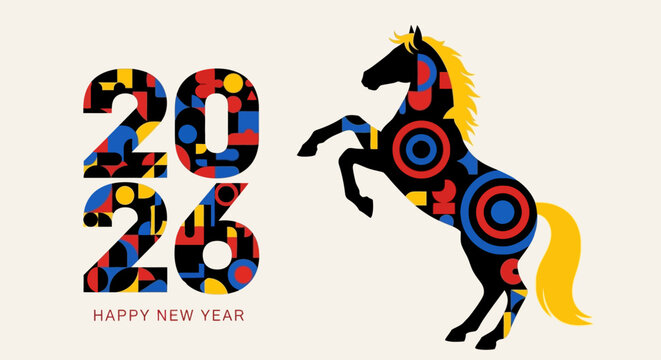 Vibrant 2026 New Year graphic with a stylized geometric horse and mosaic typography. Festive celebration design for modern greeting cards and digital banners