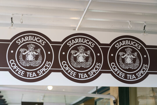 Seattle, Washington, USA - July 26, 2024: Logo trademark brand of coffeehouse named Starbucks. Logotype of Starbucks. Popular coffeehouse Starbucks. Coffee tea spices. Starbucks brand logo