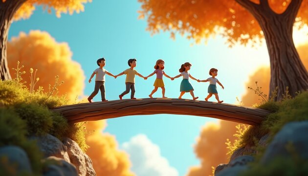 Five cartoon children walk hand-in-hand across a log bridge in a forest. They cross over rocky terrain with autumnal trees framing the bright blue sky. This signifies hope and teamwork.
