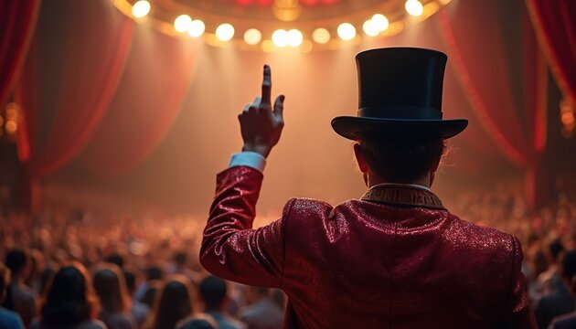 Ringmaster in red costume, top hat addresses audience from stage. Showman performer, viewed from behind, commands attention with raised finger. Man presents magic circus show under bright spotlights