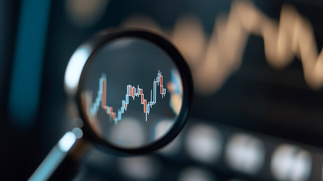 Financial market analysis with a magnifying glass focusing on a stock chart. Exploring trends and investment opportunities in the fluctuating economy and business landscape.