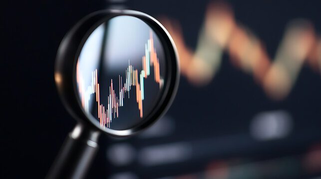 Magnifying glass inspecting a stock market chart, close-up. Concept of financial analysis, investment strategies and market trends. Investigating data for informed decisions.