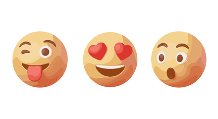 Three-dimensional cartoon emojis expressing different emotions: a winking face with its tongue sticking out, a face with heart-shaped eyes, and a surprised face with wide eyes and an open mouth