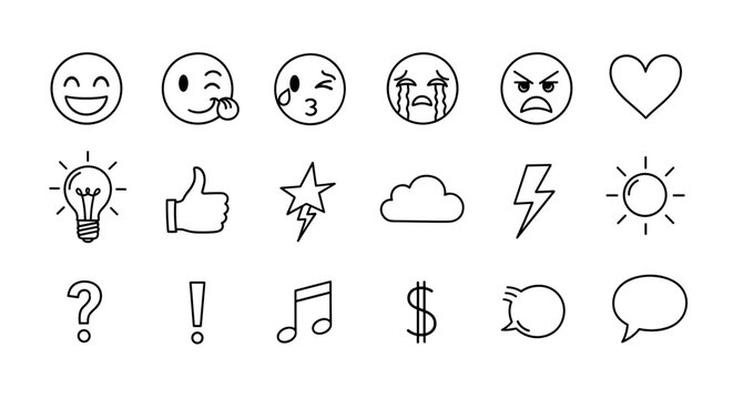 A collection of simple, hand-drawn outline icons representing various concepts and symbols, including a smiley face, a heart, a question mark, a lightbulb, a cloud, and a gear, presented on a clean