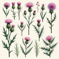 Obraz premium Set of thistle illustration with blossom, leaf and stem. Scottish thistle plants are ideal for invitations. Purple scottish thistle visual illustration on light beige background for wallpaper design.