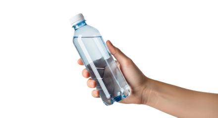 Hand holding a clear plastic bottle filled with clean, refreshing water, isolated on a white background, promoting hydration and healthy lifestyle choices
