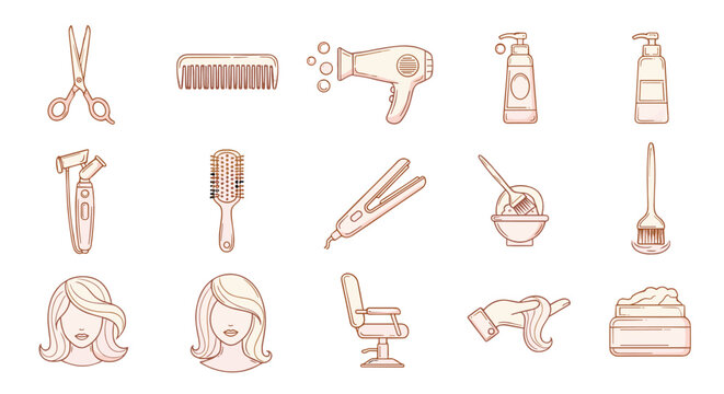 A collection of stylized icons representing hair salon and barber shop tools and services, including scissors, combs, hair dryers, straighteners, brushes, hair dye bowls, hairspray bottles, and