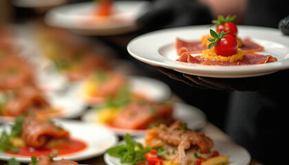 Catering service prepares appetizers in restaurant. Food stylist decorates dishes for event buffet. Waiter holds plate with meat snack. Gourmet dining presentation at business lunch dinner party.