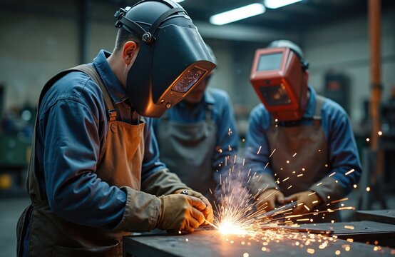 Man in welding mask works on metal with sparks flying. Instructor guides apprentice welder in workshop. Team learns metal fabrication skill. Industrial training session.