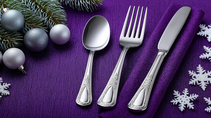 Elegant silver cutlery on purple holiday table setting with snowflakes