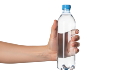 Clear bottle of water held in a hand against a white background, a refreshing beverage for hydration and health