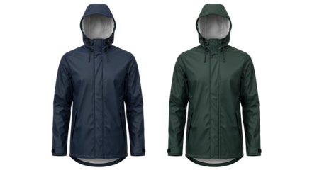 Two versatile hooded waterproof rain jackets in navy blue and forest green, offering durable all-weather protection for outdoor activities and practical everyday apparel