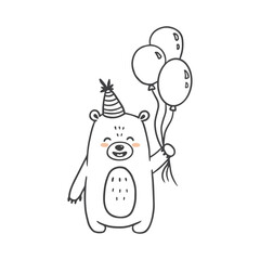 Cute cartoon bear with balloons. Teddy bear in doodle style for greeting card. Happy birthday. Vector illustration