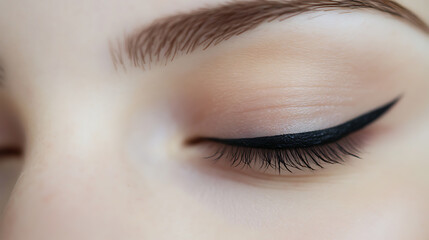 Obraz premium Close-up on a woman's eye with sleek black eyeliner. The focus is on precision, beauty, and detail. The gentle curve highlights the lashes, enhancing natural elegance.