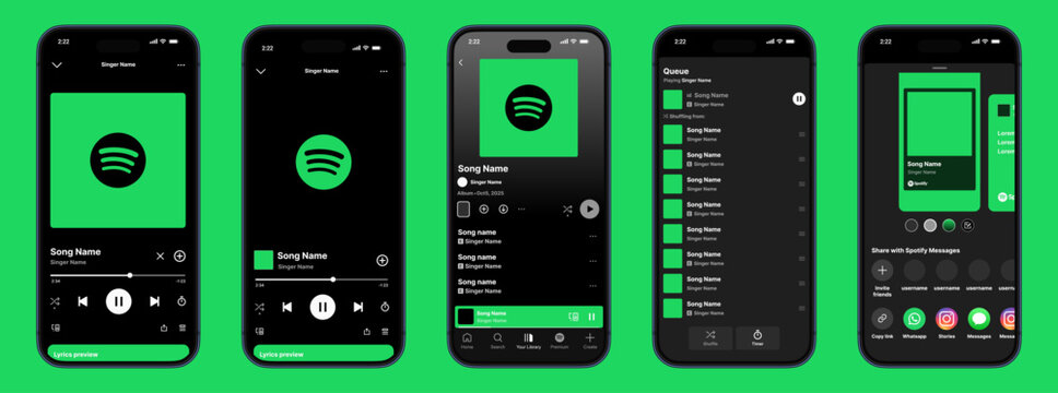 Spotify Full Music Player UI Mockup with Playlists, Albums, Podcasts, Queue, Playback Controls, Lyrics, Search, Recommendations, and Liked Songs
