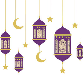 Purple and Gold Decorative Lanterns with Moons and Stars