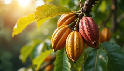 Close-up view of ripe cacao pods on a tree branch. The oval fruits vary in color from yellow to red, showing a healthy agricultural harvest. Leaves and sunlight create a natural backdrop.