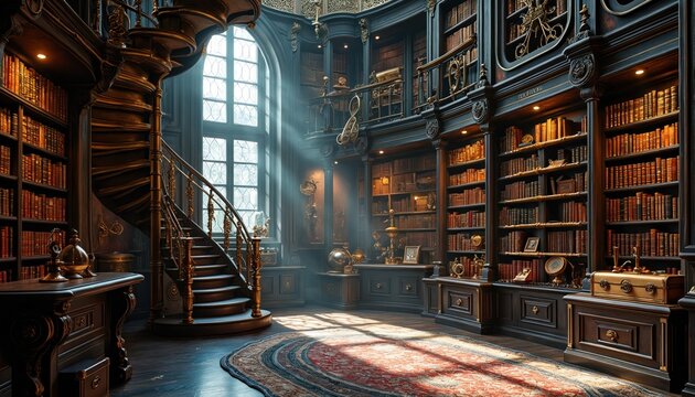 Grand steampunk library with dark wood spiral staircase, shelves filled with antique books, brass gears, mechanical artifacts. Light streams through large arched window, illuminating ornate interior.