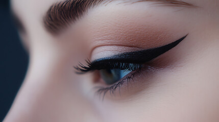 Obraz premium Close-up of a woman's eye with winged eyeliner, showcasing defined lashes and subtle eyeshadow. The focus highlights precision and beauty, enhancing the natural eye shape.