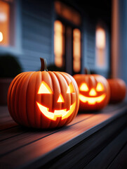 Obraz premium Brightly lit jack-o'-lanterns on a wooden porch during Halloween night