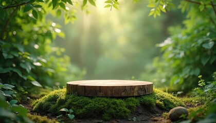 Naklejka premium Wooden podium sits on mossy ground surrounded by green leaves and sun flares. Empty natural display stage for organic products or items. Outdoor forest setting.