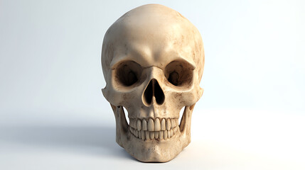 Naklejka premium Anatomical study of a human skull, set against a plain white backdrop. Detailed bone structure and facial features are visible, offering an educational perspective.