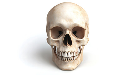 Detailed human skull on a white background. A reminder of mortality and the complex structure of the human anatomy. Striking image for educational or artistic uses.