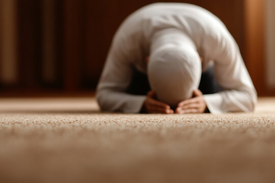 A person in a white cap is kneeling in prayer on a beige carpet, head bowed to the ground in reverence. The atmosphere is serene, the focus on devotion & humility. - Powered by Adobe