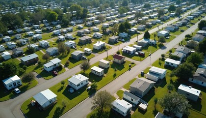 Aerial view of suburban mobile home park with many manufactured houses. Rows of homes line paved streets, neat green lawns, mature trees. Cars parked. Peaceful residential community on sunny day