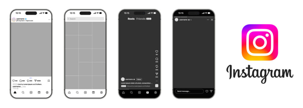 Instagram 2025 Mobile UI Mockup with Reels, Stories, Explore, Post Creation, Live, Direct Inbox, Notifications, and Full Feed Interface