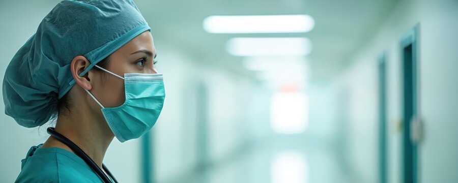 Female medic in scrub suit wears surgical cap and face mask. Healthcare professional stands in hospital corridor, ready to help patients. Medical staff member cares for others.